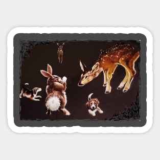 Backyard Playing Beagles, Rabbit and Fawn Sticker